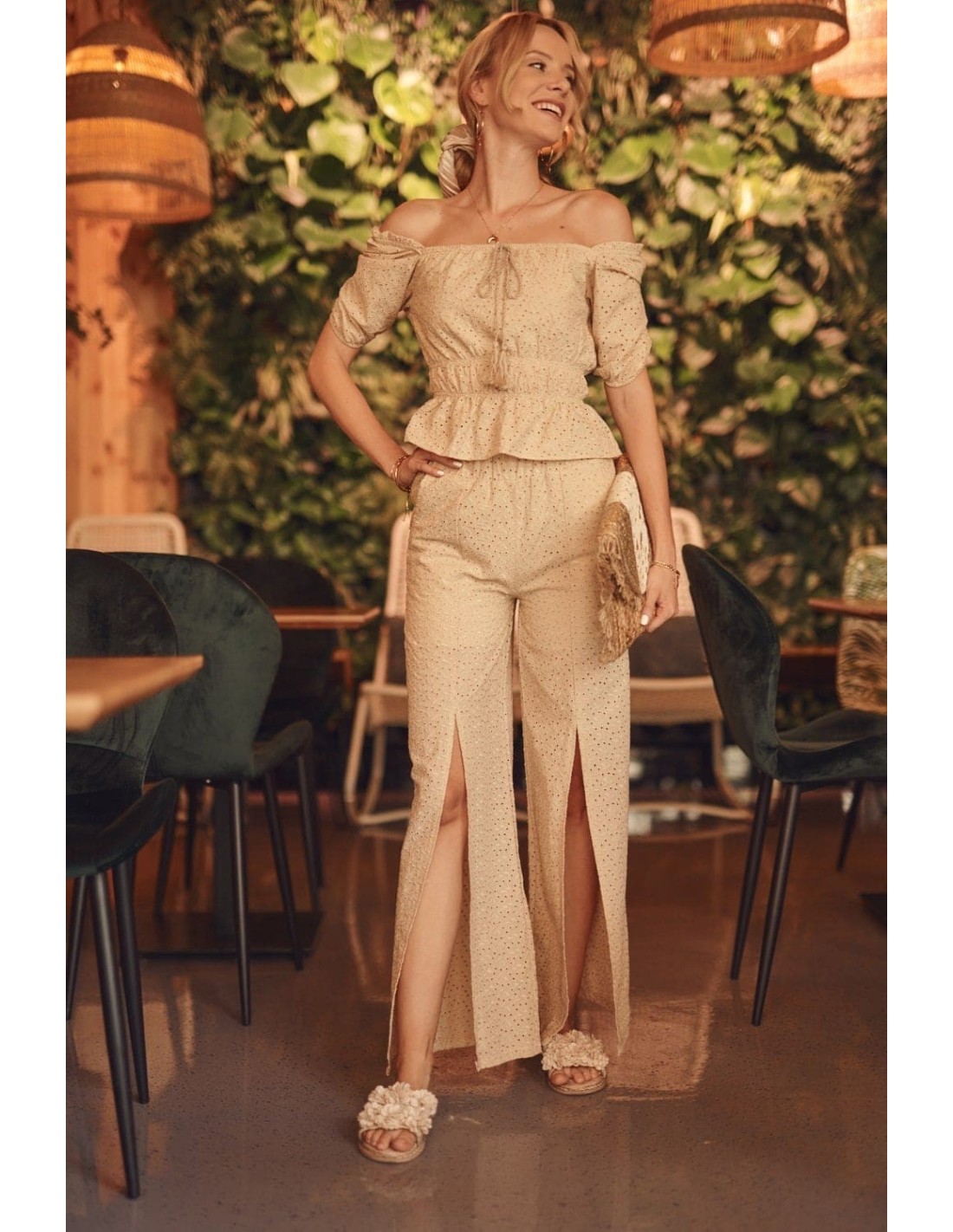 Openwork boho set, beige blouse and trousers FG595 - Online store - Boutique